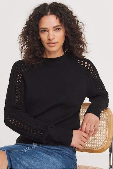 Simply Be Pointelle Sleeve Stand Neck Black Jumper