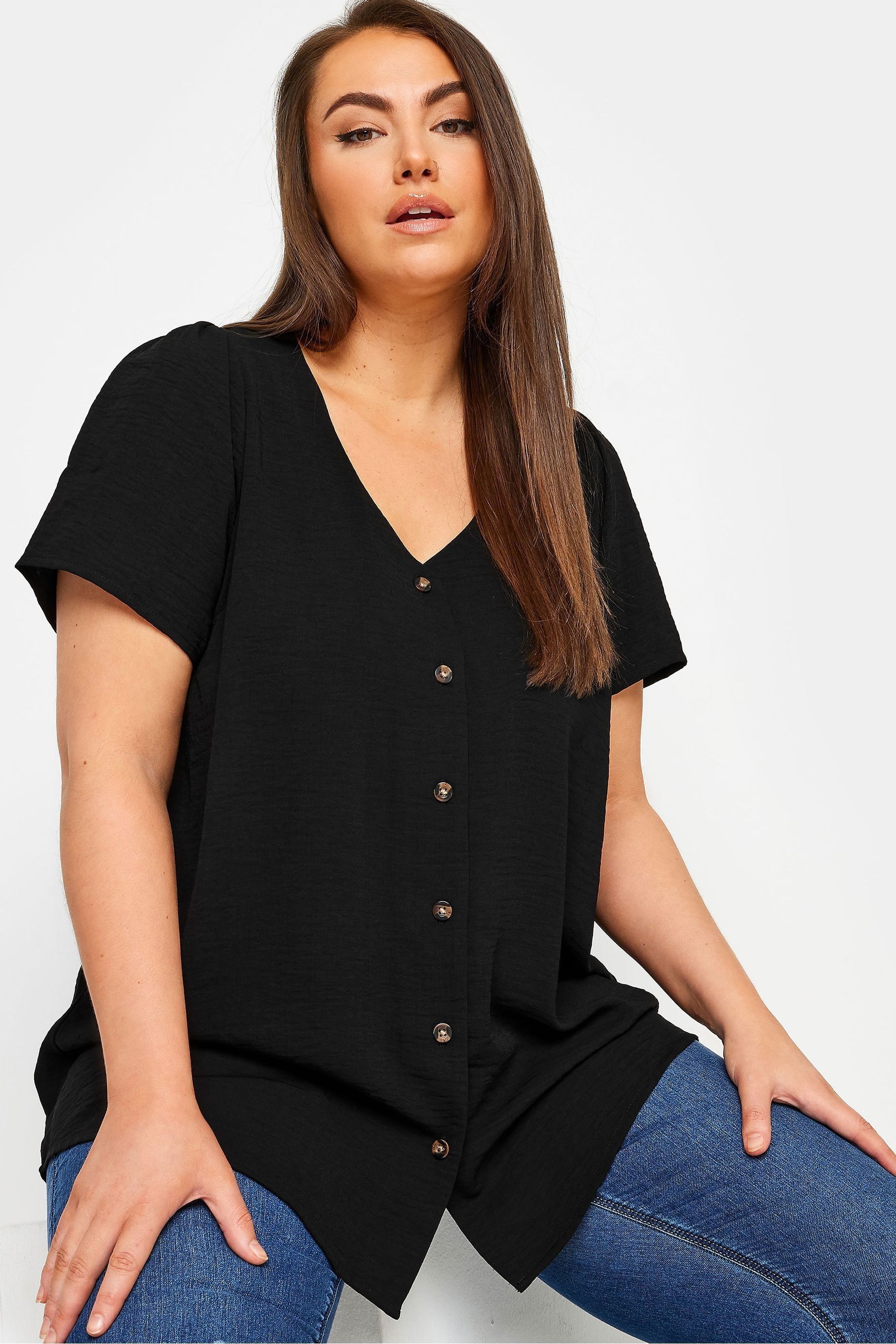Buy Yours Curve Black Button Front Blouse from the Next UK online shop
