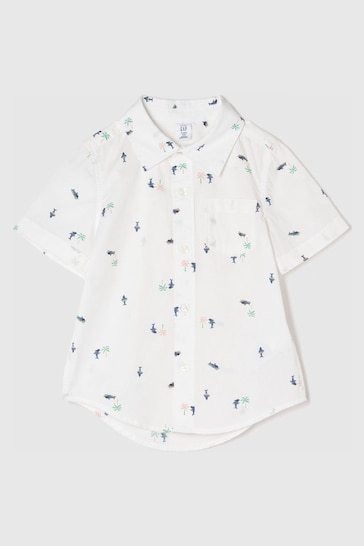 Gap White Print Poplin Short Sleeve Shirt