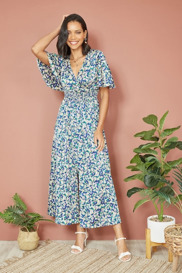 Yumi Blue Satin Ditsy Print Wrap Maxi Dress