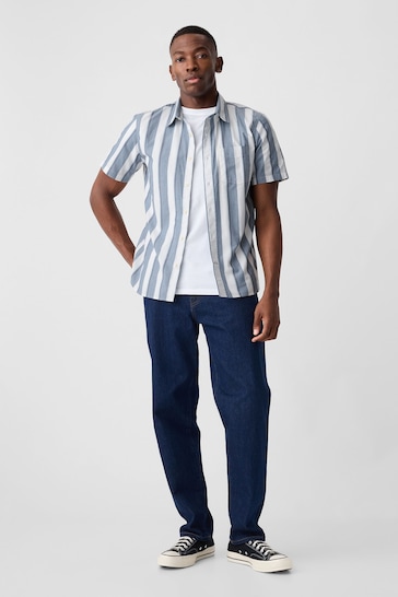 Gap Blue Stripe Standard Fit Stretch Poplin Short Sleeve Shirt