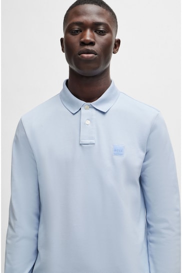 BOSS Blue Logo Patch Long Sleeve Polo Shirt