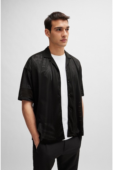 BOSS Black Relaxed-Fit Shirt in Jersey Mesh With Camp Collar