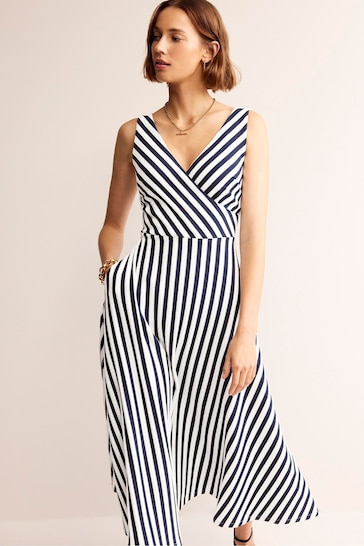 Boden White/Blue Stripe Jersey Wrap Midi Dress