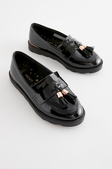 Black Rose Gold Standard Fit (F) School Tassel Loafers