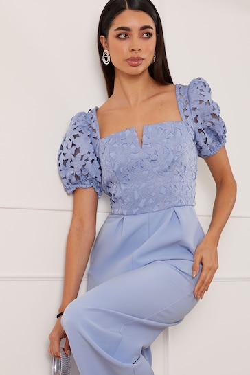 Chi Chi London Blue Puff Sleeve Floral Jumpsuit