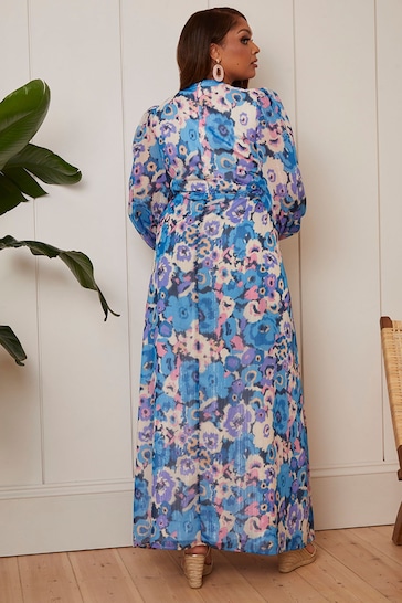 Chi Chi London Blue Long Sleeve Ring Detail Floral Maxi Dress