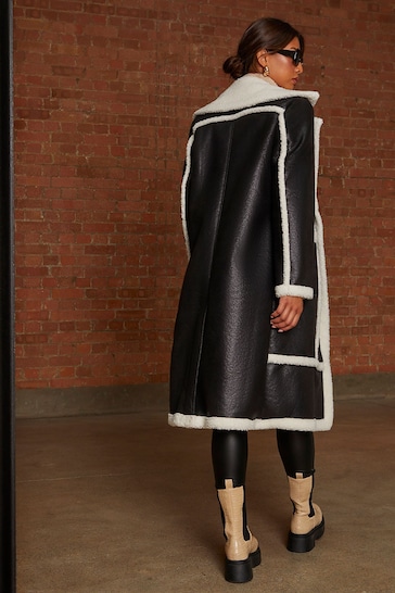 Chi Chi London Black Contrast Trim Belted Shearling Coat