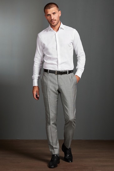 White Slim Fit Signature Textured Double Cuff Shirt With Trim Detail