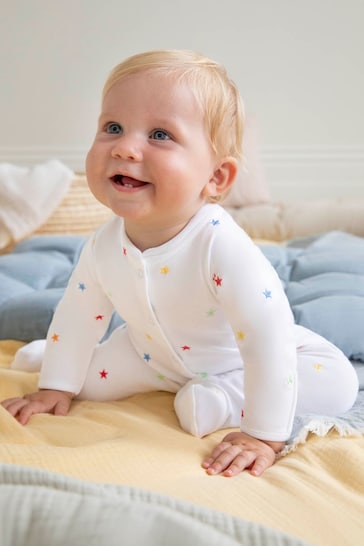 JoJo Maman Bébé Star Embroidered Cotton Baby Sleepsuit