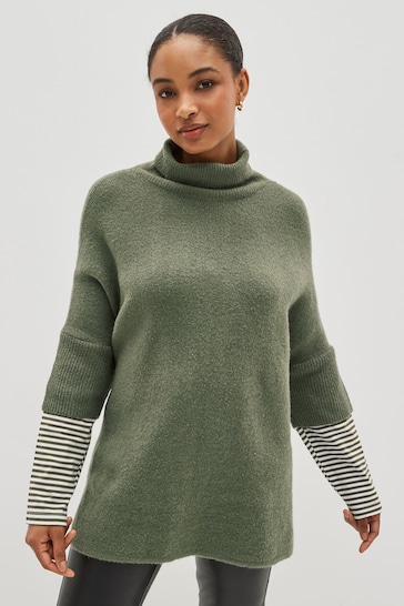 Khaki/Green Knitted Poncho with Stripe Sleeve