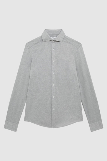 Reiss Grey Melange Nate Cutaway Collar Jersey Slim Fit Shirt