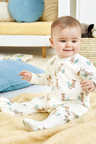 JoJo Maman Bébé Cream Leopard Print Zip Cotton Baby Sleepsuit
