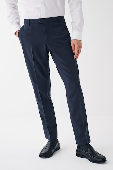 Navy Blue Slim Machine Washable Plain Front Smart Trousers
