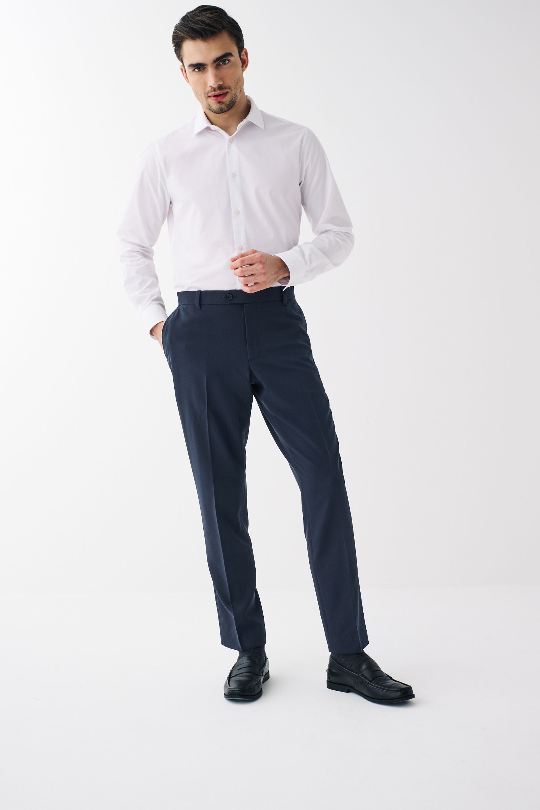Navy Blue Slim Machine Washable Plain Front Smart Trousers