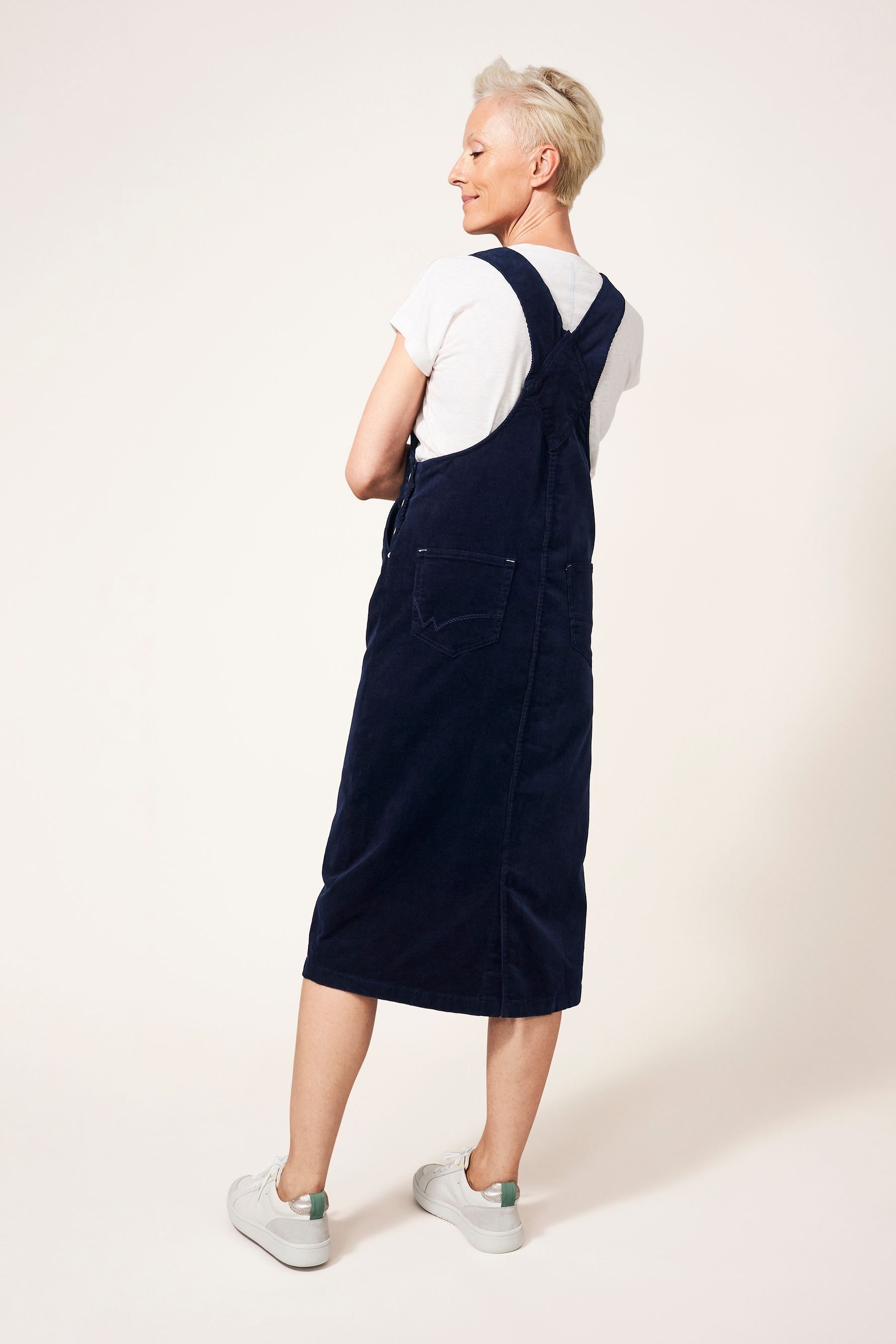 White Stuff Blue Emmie Organic Cord Midi Pinny Dress