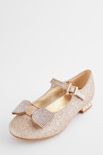 Baker by Ted Baker Girls Gold Glitter Shoes with Rhinestone Bow
