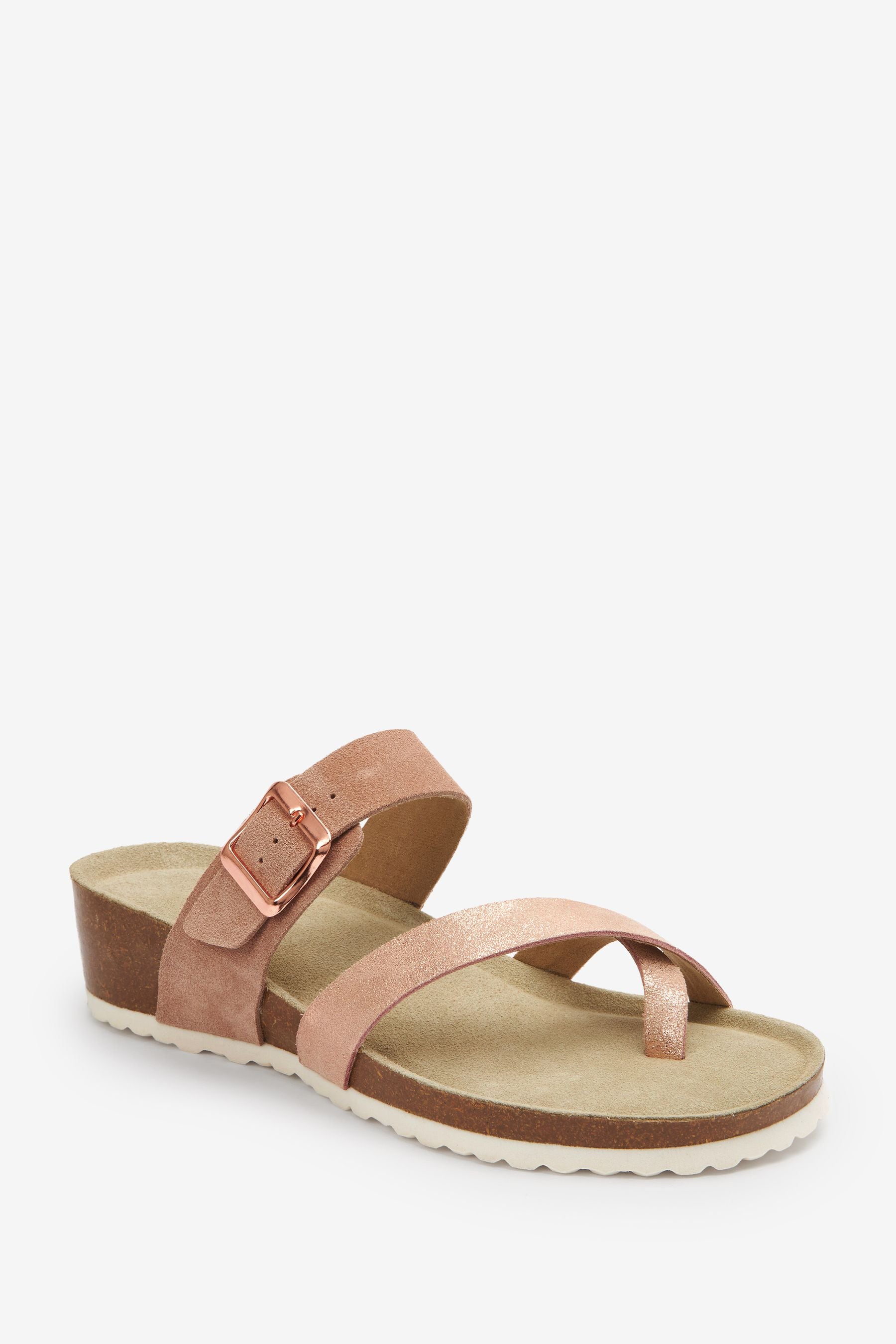 Rose Gold Forever Comfort Leather Wedge Sandals with Buckle Detailing