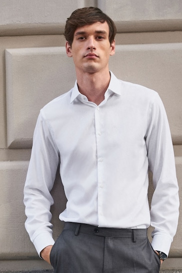 White Regular Fit Signature Textured Single Cuff Shirt With Trim Detail