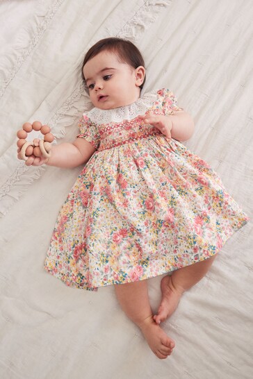 Laura Ashley Floral Newborn Embroidered Smock Collar Prom Dress