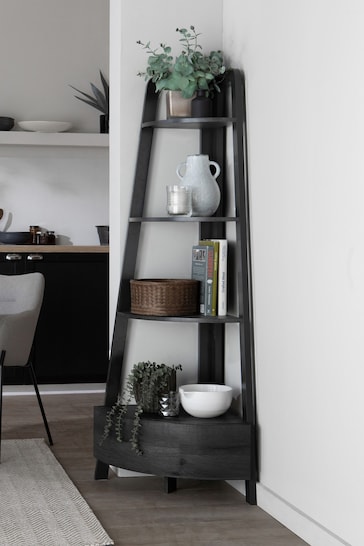 Black Bronx Oak Effect Corner Ladder Shelf