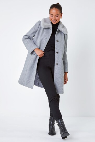 Roman Grey Petite Faux Fur Collar Longline Coat