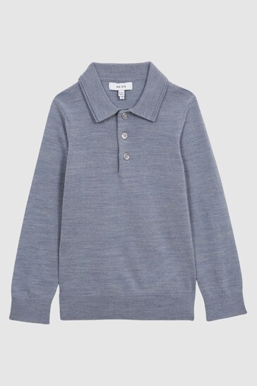 Reiss Denim Melange Trafford Junior Merino Wool Polo Shirt