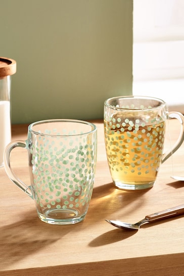 Set of 2 Sage Green Polka Dot Glass Mugs