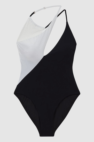 Reiss Black/White Leighton Asymmetric Colourblock Swimsuit