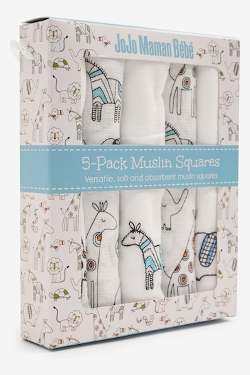 JoJo Maman Bébé White 5-Pack Delicate Safari Embroidered Muslins