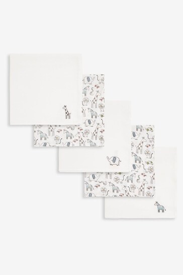 JoJo Maman Bébé White 5-Pack Delicate Safari Embroidered Muslins