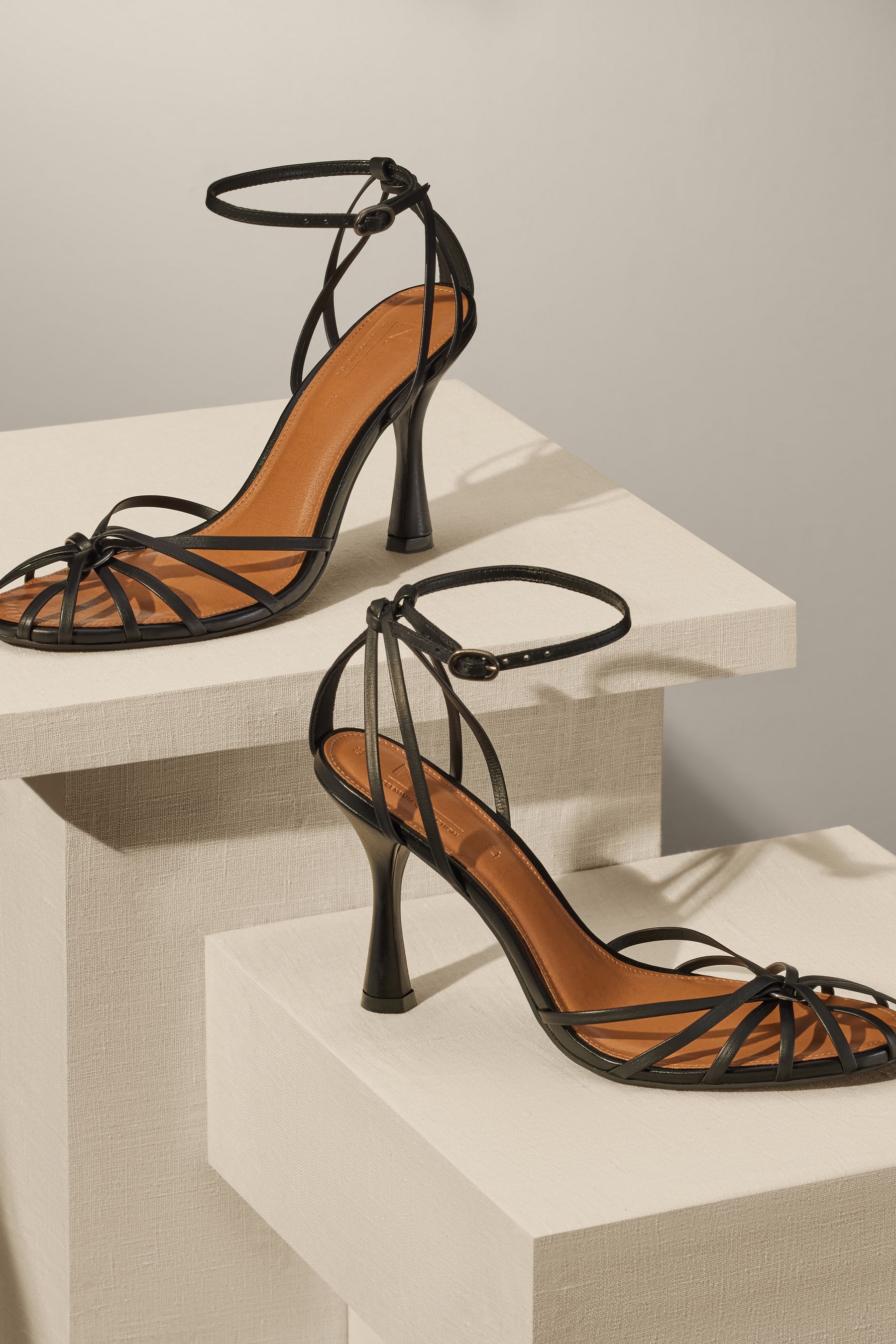 Black Premium Leather Cage Heeled Sandals