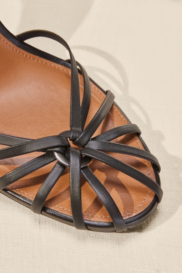 Black Premium Leather Cage Heeled Sandals