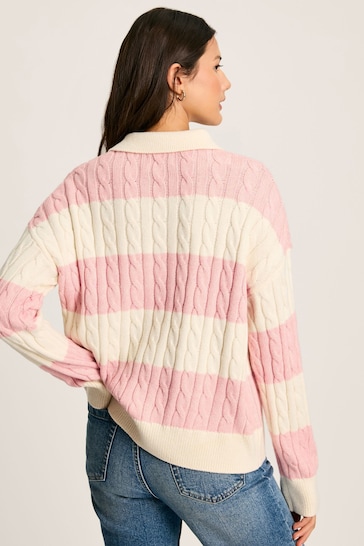 Joules Love All Pink Cable Knit Jumper with Button Collar