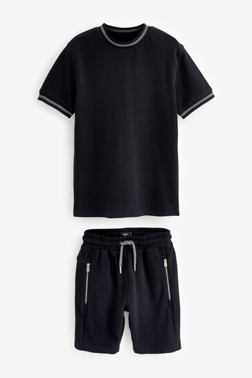 Black Textured T-Shirt And Shorts Set (3-16yrs)