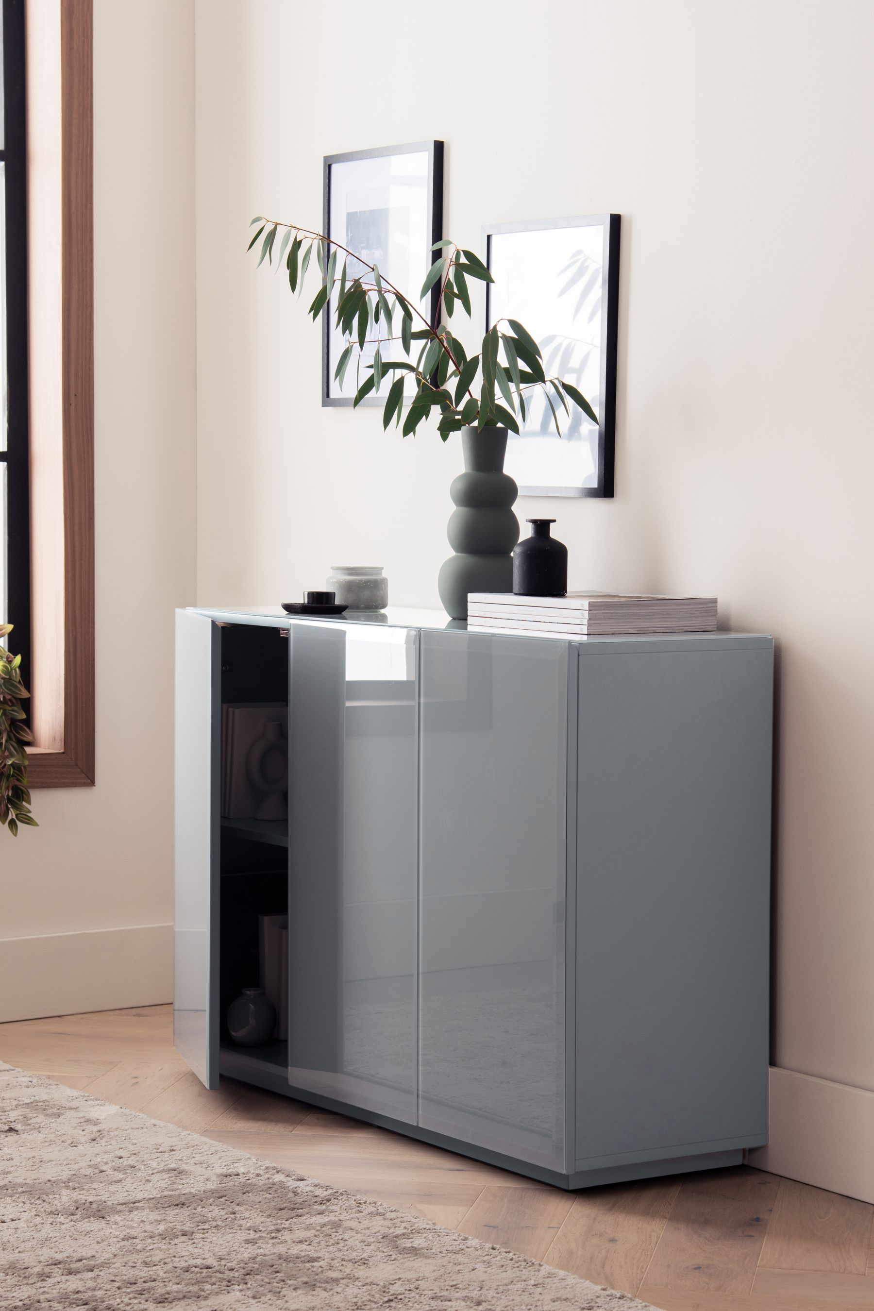 Grey glass shop sideboard