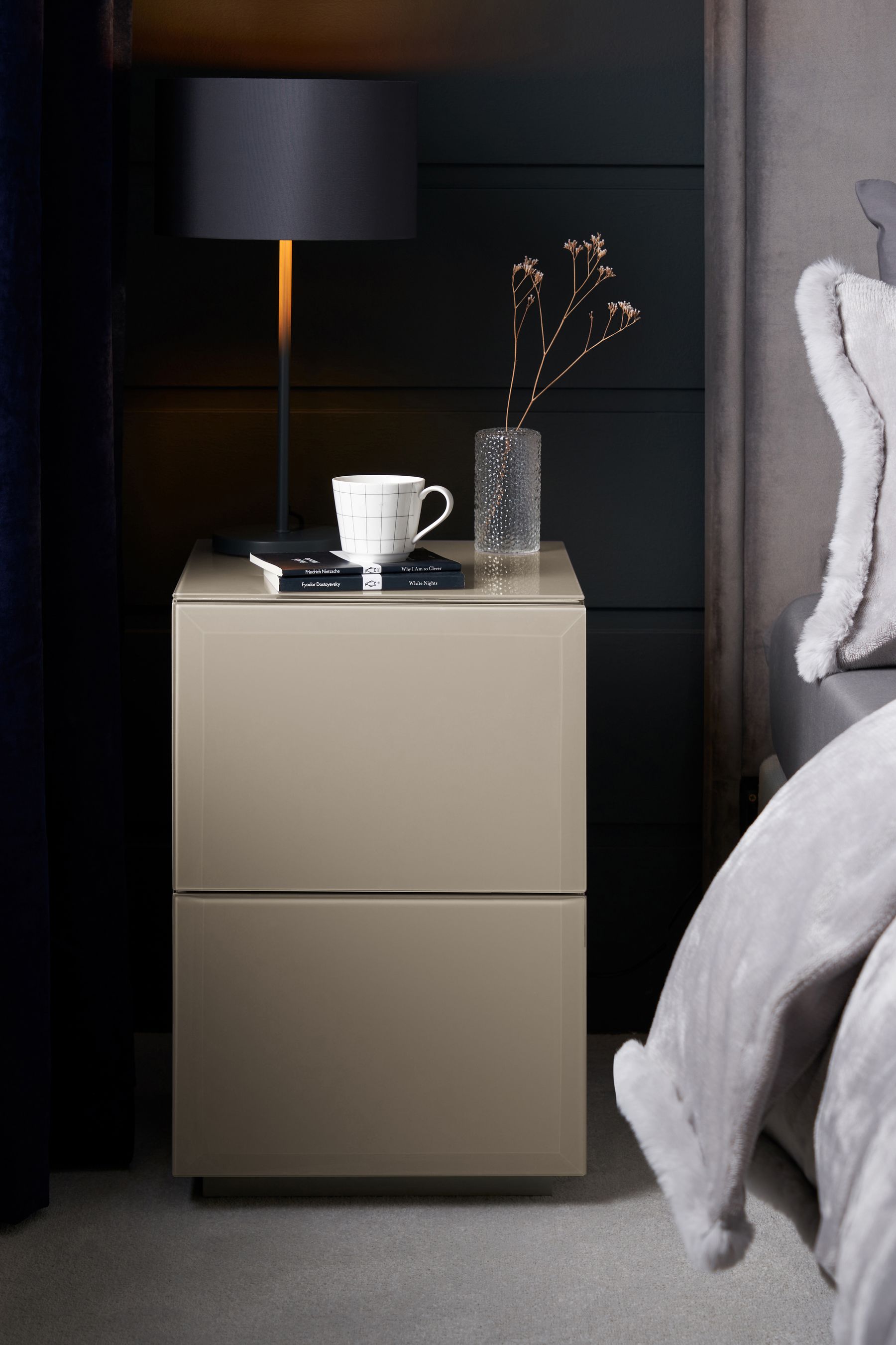 Dark Natural Sloane Glass Collection Luxe 2 Drawer Slim Bedside Table