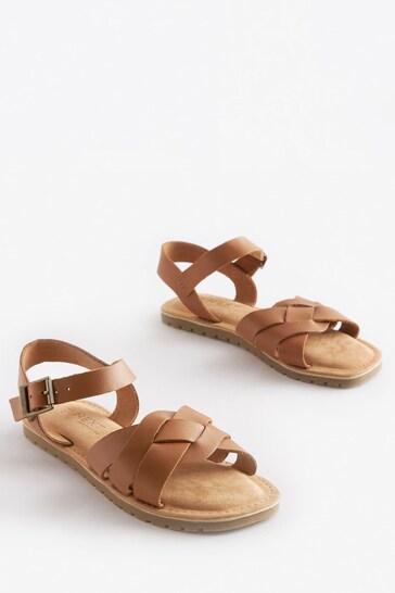 Tan Brown Standard Fit (F) Woven Leather Chaussures Sandals