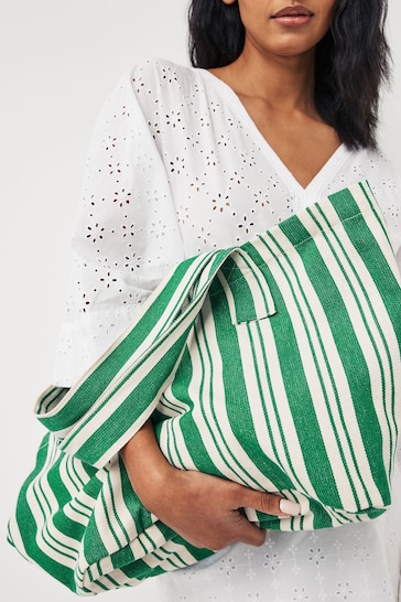 Green Striped Cotton Blend Canvas Shopper Bag