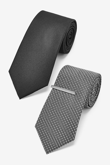 Black/Charcoal Grey Textured Tie With Tie Clip 2 Pack