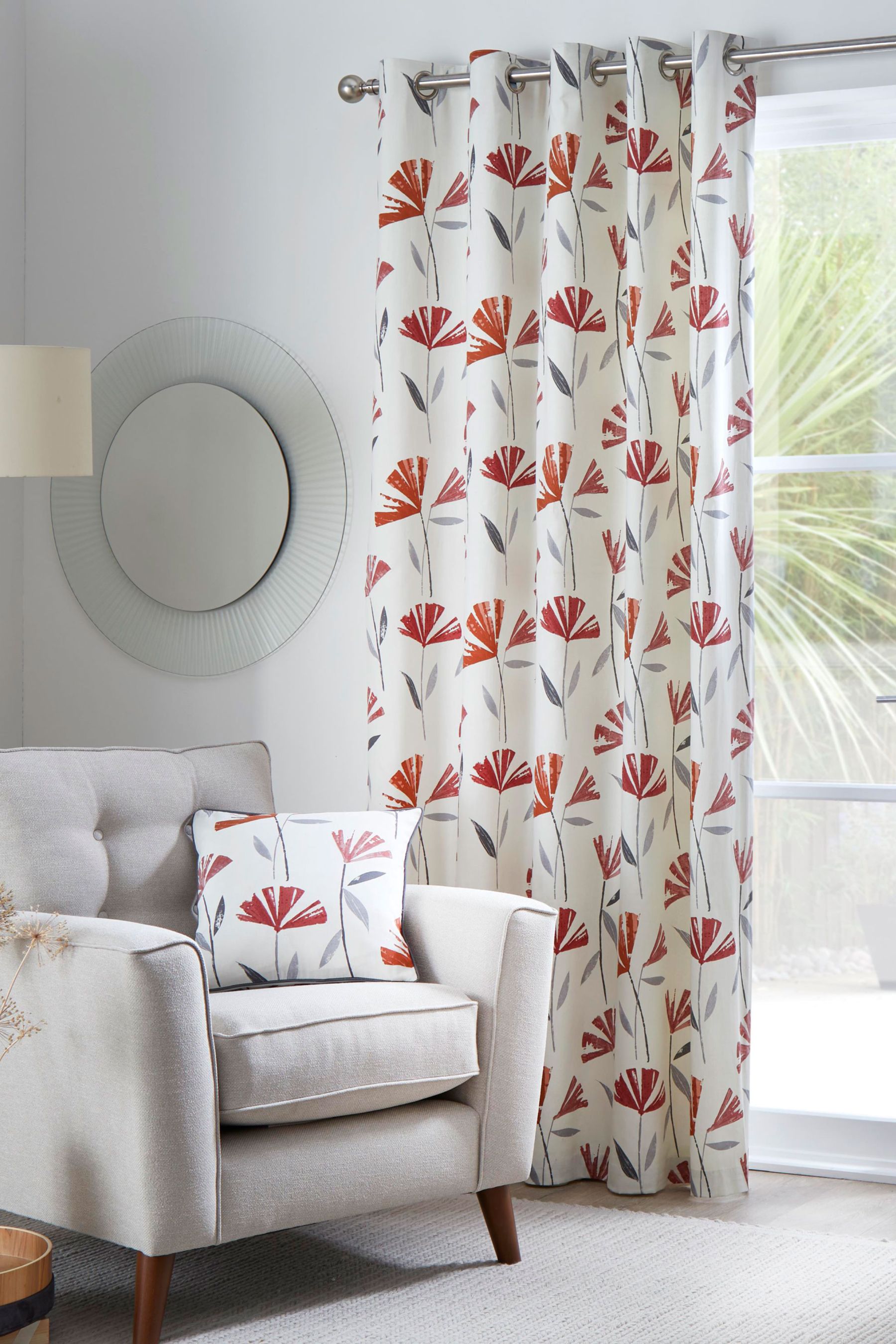 Red and store white curtains