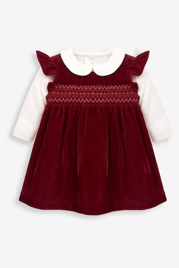 JoJo Maman Bébé Red 2-Piece Smocked Velvet Baby Dress & Body Set