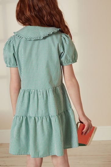 Green Cotton Rich School Gingham Tiered Pretty Collar Dress (3-14yrs)