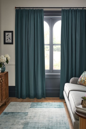 Dark Teal Blue Cotton Blackout/Thermal Pencil Pleat Curtains