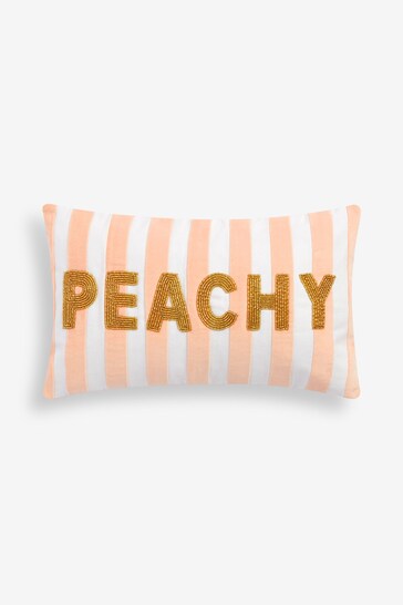 Peach Pink 50 x 30cm Velvet Stipe Sunshine Slogan Oblong Cushion