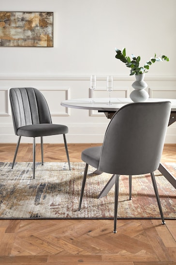 Set of 2 Soft Velvet Mid Grey Brushed Chrome Leg Stella Non Arm Dining Chairs