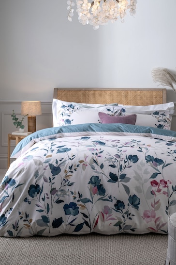 Blue/White Floral Oxford Edge Reversible 100% Cotton Duvet Cover and Pillowcase Set