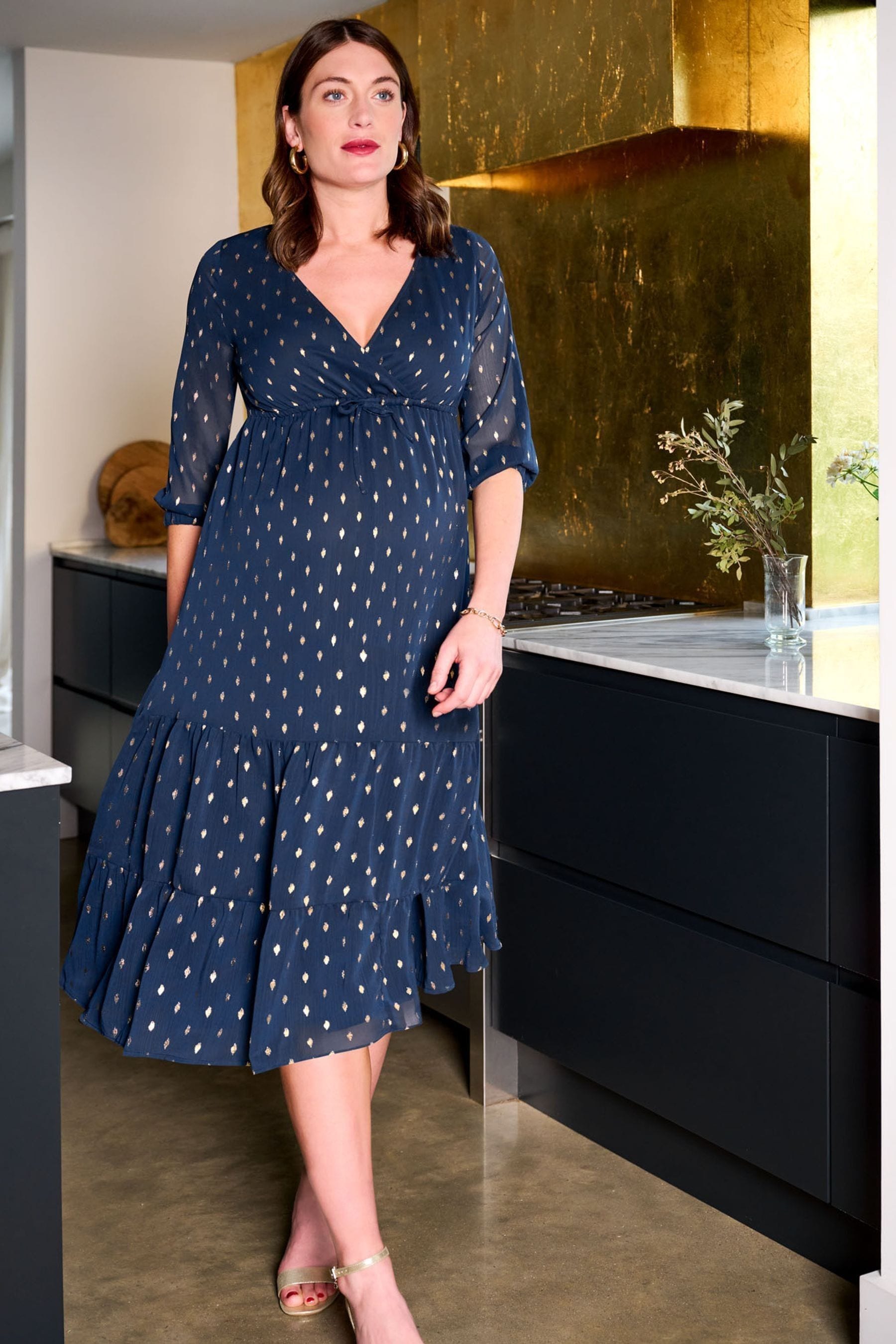 JoJo Maman B b Navy Foil Print Wrap Maternity Midi Dress