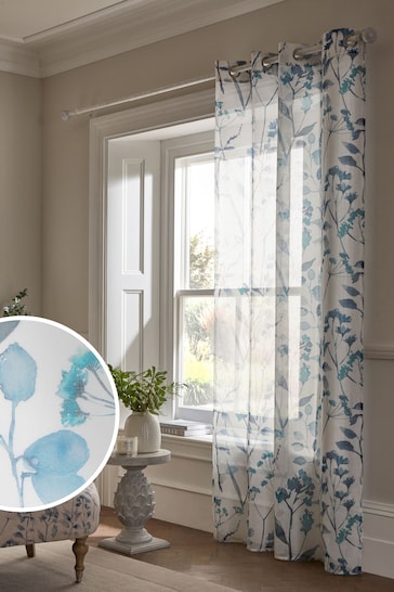 Blue Isla Floral Printed Eyelet Unlined Sheer Panel Voile Curtain
