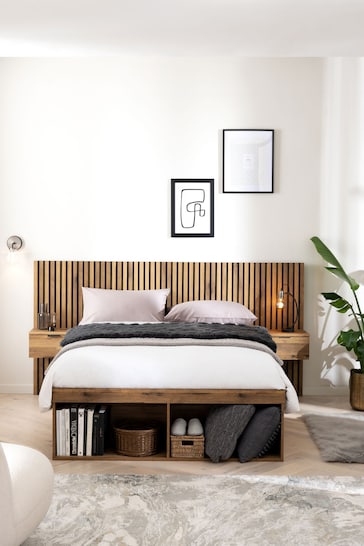 Oak Effect Bronx Wooden Hotel Bed Frame with Platform Storage and Bedside Tables